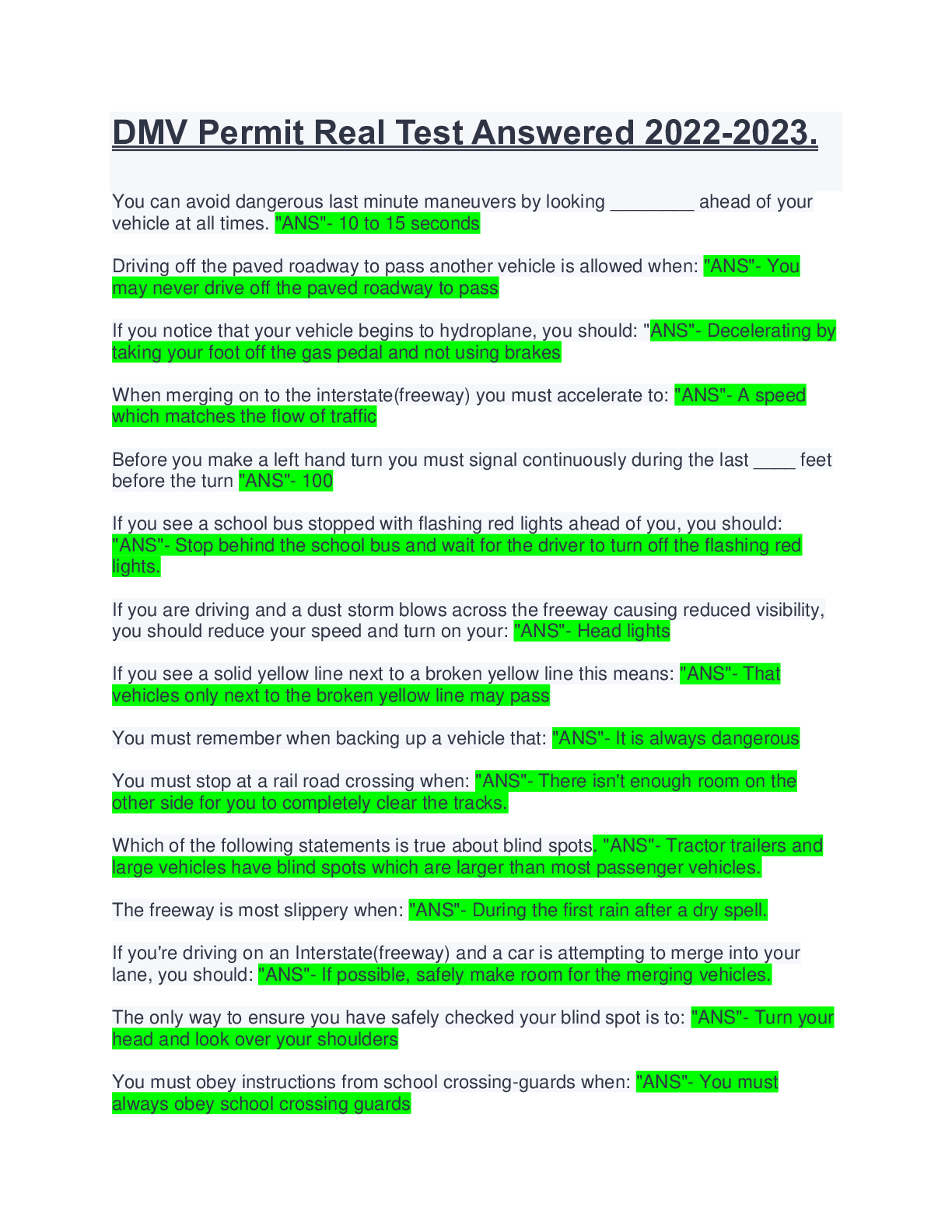 DMV Permit Real Test Answered 20222023. Browsegrades